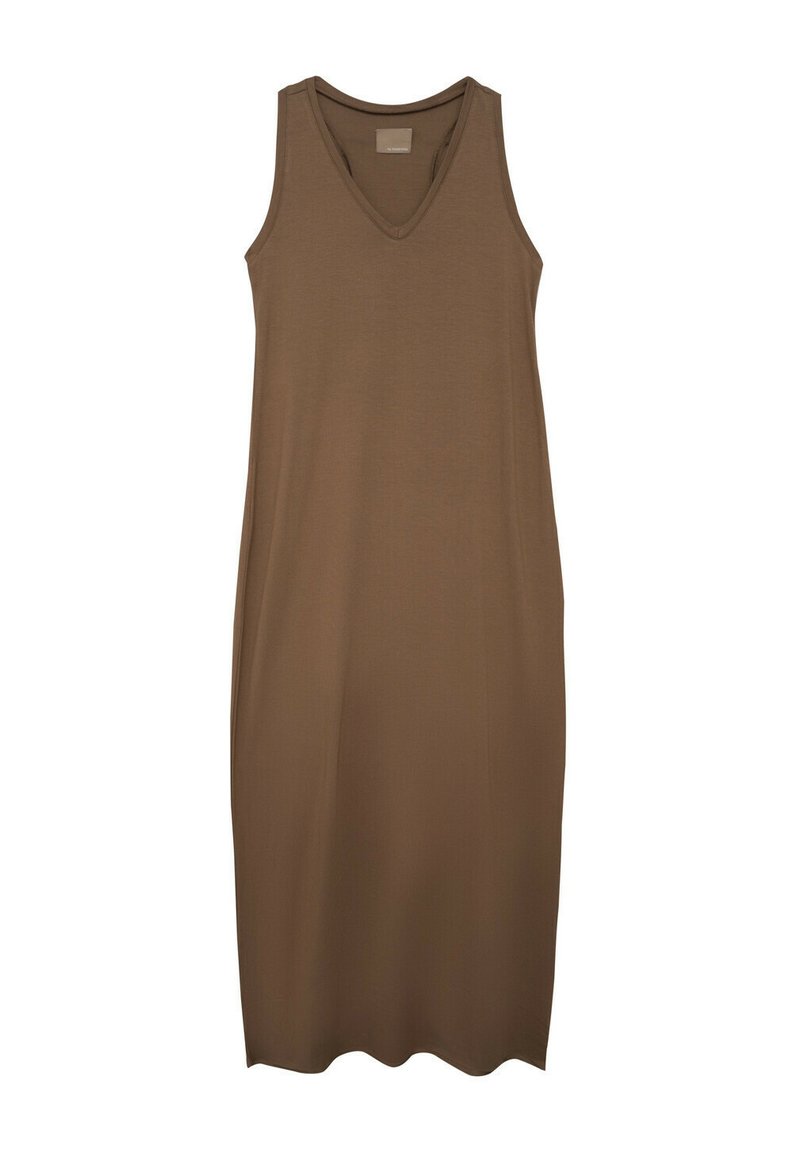 Brązowa sukienka bez rękawów wykonana z miękkiego, elastycznego materiału. Posiada dekolt w kształcie litery V oraz prostą sylwetkę, sięgającą do połowy łydki.