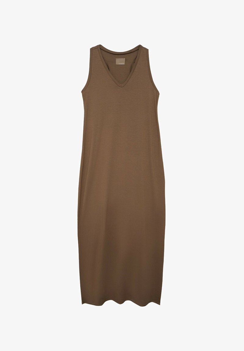 Brązowa sukienka bez rękawów wykonana z miękkiego, elastycznego materiału. Posiada dekolt w kształcie litery V oraz prostą sylwetkę, sięgającą do połowy łydki.