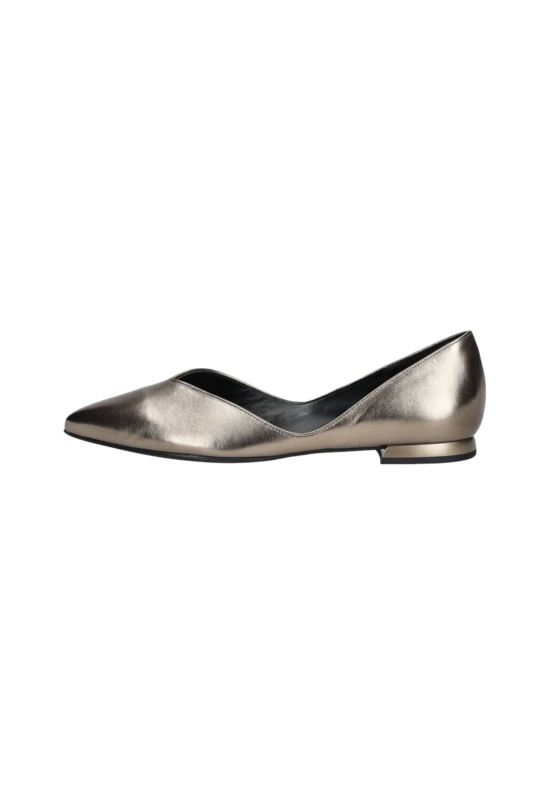 Women's metallic silver pointed-toe flat shoe with low heel and smooth leather finish, shown in side profile on white background.