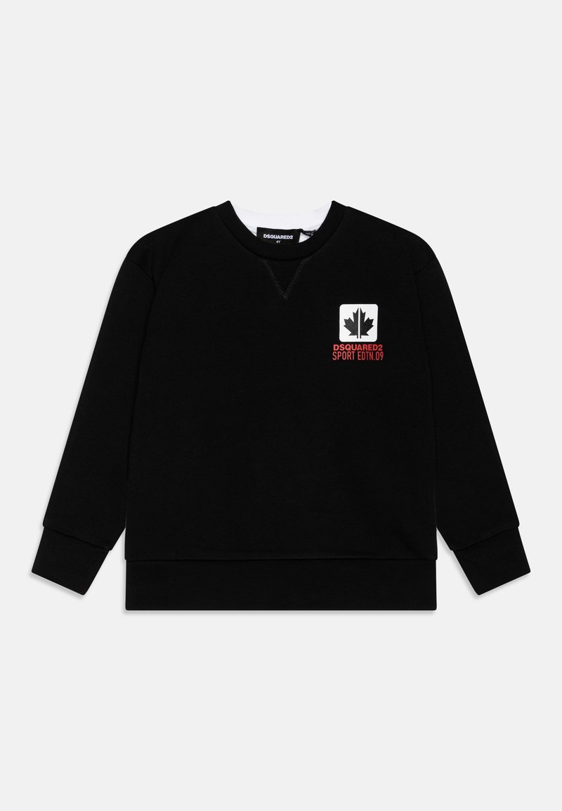 Felpa nera con maniche lunghe, polsini a costine e un logo bianco che presenta una foglia d'acero e la scritta "DSQUARED2 SPORT EDTN.09" stampata in rosso.