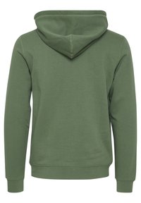 Hooded sweatshirt in olive green, made from soft cotton fabric. Features a drawstring hood and ribbed cuffs and hem. Simple, unadorned design.