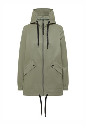 Lysegrøn hættejakke med sorte snore, lynlås foran, skrå lommer med klap og trykknapper samt elastiske manchetter.