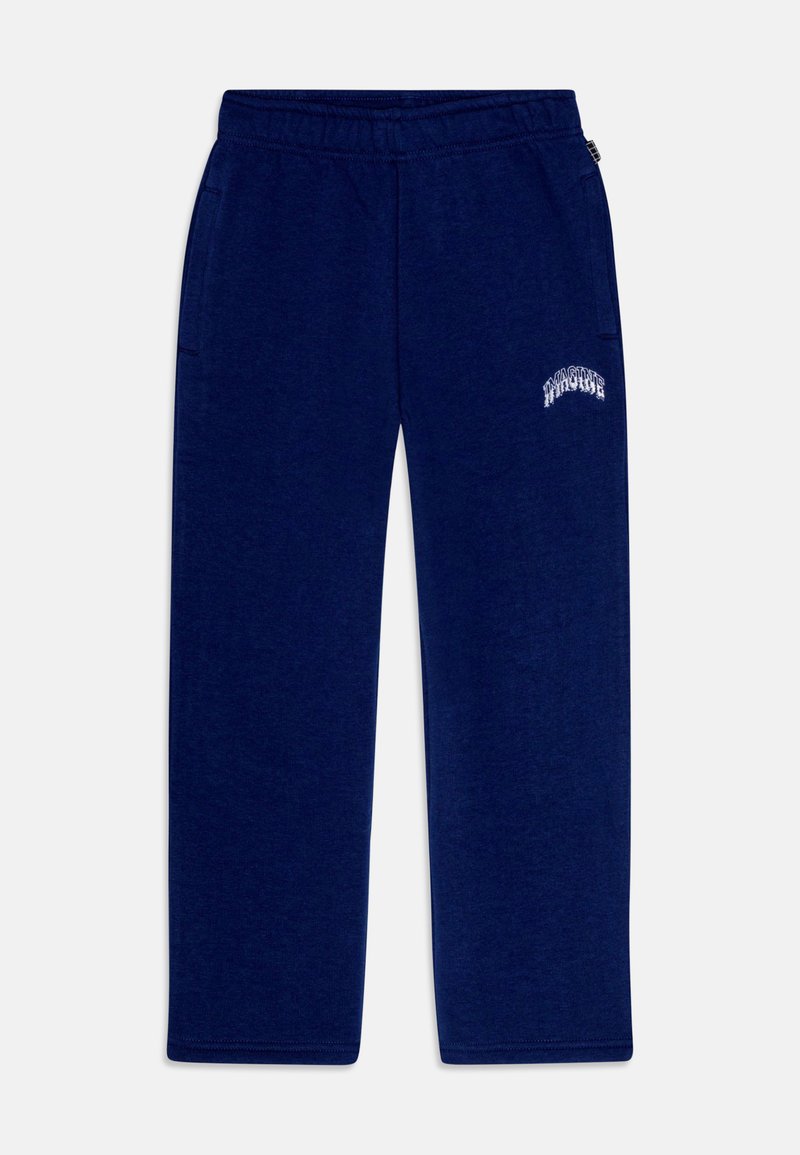 Granatowe dresy z elastycznym pasem, dwoma bocznymi kieszeniami i białym nadrukiem graficznym przy pasie. Miękka faktura, proste nogawki.