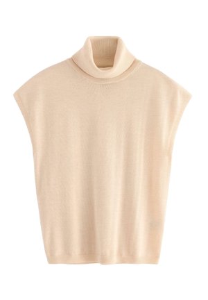 Maglione senza maniche beige in maglia con colletto alto a dolcevita e orlo a costine, disteso su uno sfondo bianco.
