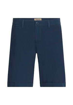 Námořnické modré bavlněné šortky s knoflíkovým zapínáním, páskovými poutky a ohrnutými lemy. Mají boční kapsy a zadní kapsu pro uložení.