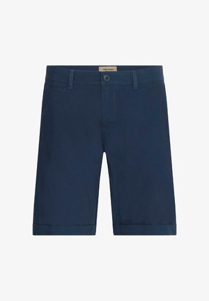 Námořnické modré bavlněné šortky s knoflíkovým zapínáním, páskovými poutky a ohrnutými lemy. Mají boční kapsy a zadní kapsu pro uložení.