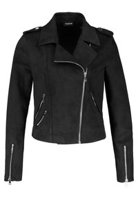 Veste de biker en daim noir avec une coupe ajustée, col cranté et poches à zip argentées. Présente des épaulettes discrètes.