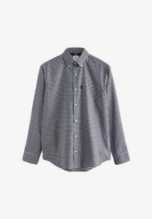 Knapp-up skjorta i marinblå och vit gingham mönster, långa ärmar, klassisk krage och en rundad nederkant. Tyget verkar slätt och lätt.