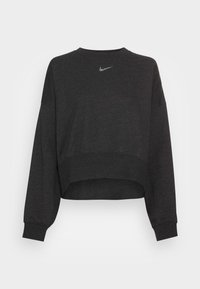 Mörkgrå, kortärmad sweatshirt med långa ärmar, ribbade mudd och en liten silver Nike swoosh-logotyp på bröstet.
