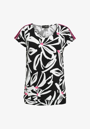 Schwarzes Kurzarmoberteil mit einem floralen weißen und pinken Design, einem Rundhalsausschnitt und einem mehrlagigen unteren Saum.