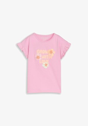 Maglietta rosa a maniche corte per bambini piccoli con maniche arricciate, applicazioni floreali e scritta "CRESCI CON AMORE" in giallo sul davanti.