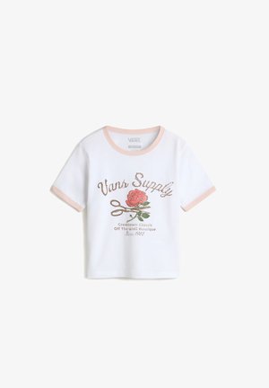 Witte katoenen T-shirt met roze ribgebreide kraag en mouwen. Heeft een rozenafbeelding en "Vans Supply" in metallic schrift.