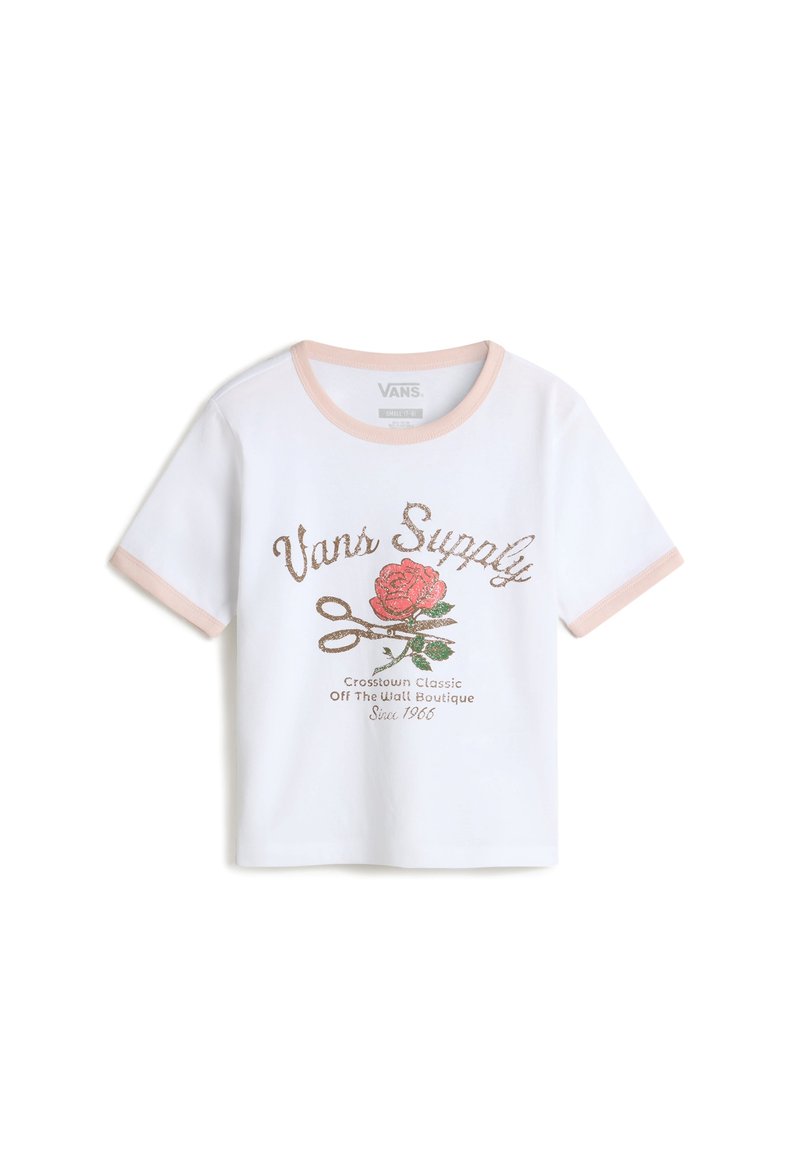 Vit bomulls-t-shirt med rosa ribbad krage och ärmar. Har en ros-grafik och "Vans Supply" i metallisk stil.