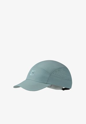 Hellblaue verstellbare Kappe mit perforierten Seitenpaneelen und einem Buff-Logo-Patch vorne, entworfen für Belüftung und Sonnenschutz.