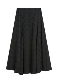 Gonna plissettata nera realizzata in tessuto testurizzato, con un motivo a griglia. Il design è lungo fino ai piedi con una silhouette fluida.