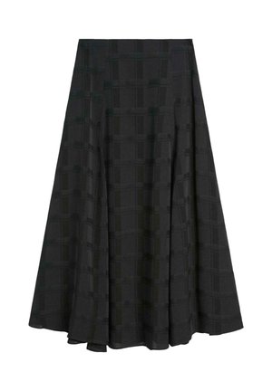 Svart plisserad kjol tillverkad av textil med struktur, med ett rutmönster. Designen är hel längd med en flödande siluett.