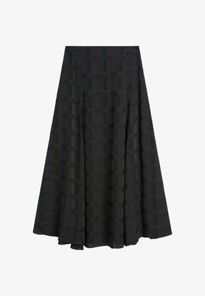 Gonna plissettata nera realizzata in tessuto testurizzato, con un motivo a griglia. Il design è lungo fino ai piedi con una silhouette fluida.