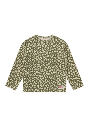 Groen hemd met lange mouwen met beige luipaardprintpatroon en een klein rechthoekig label vlak bij de zoom aan de voorste rechterkant.