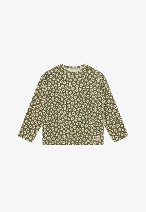 Groen hemd met lange mouwen met beige luipaardprintpatroon en een klein rechthoekig label vlak bij de zoom aan de voorste rechterkant.