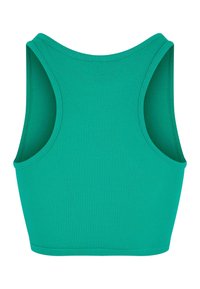 Žakárový zelený crop top s širokými priehlbinami pre ramená a zaobleným výstrihom. Vyrobený z elastického materiálu, ktorý má hladkú štruktúru bez akýchkoľvek vzorov.