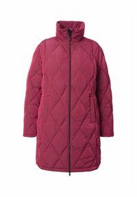 Cappotto trapuntato bordeaux con collo alto e zip full. Presenta un motivo a diamante, maniche lunghe e una vestibilità ampia.
