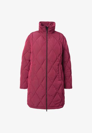 Bordeaux gekleed jasje met een hoge kraag en volledige rits. Heeft een ruitpatroon, lange mouwen en een losse pasvorm.