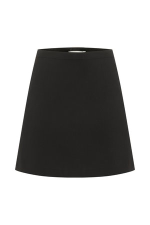 Sort A-line nederdel med glat linning, knælængde, simpelt design uden mønstre eller udsmykning.