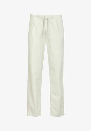 Helle beigefarbene Baumwollhose mit einem Zugbandbund, gefaltetem Vorderteil, geraden Beinen und glatter Textur.