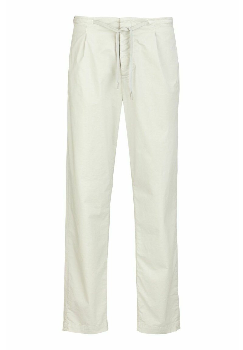 Lichtbeige broek van katoen met een elastische tailleband, geplooide voorkant, rechte pijpen en een gladde textuur.