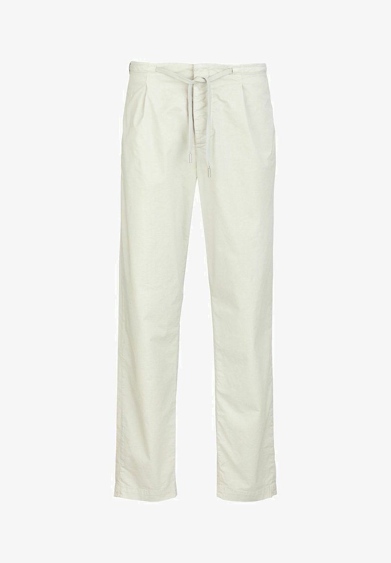 Helle beigefarbene Baumwollhose mit einem Zugbandbund, gefaltetem Vorderteil, geraden Beinen und glatter Textur.