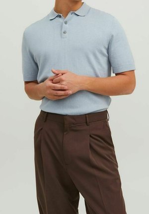 Man draagt lichtblauw poloshirt met korte mouwen en een bruine broek, staand met handen in de taille tegen een effen achtergrond.