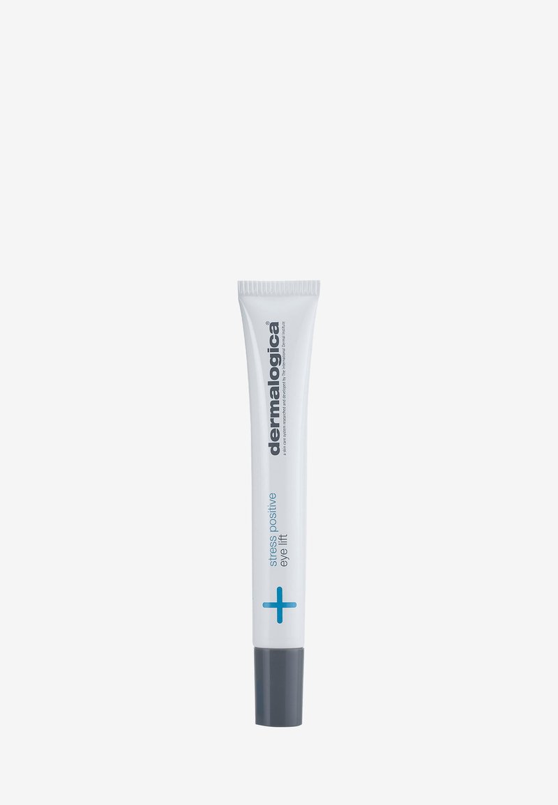 Weiße Tube mit grauem Deckel, beschriftet mit "Stress Positive Eye Lift", mit blauen Akzenten und minimalistischer Gestaltung.