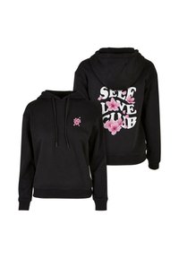 Felpa nera con logo floreale frontale e "SELF LOVE CLUB" stampato sul retro. Presenta cappuccio con cordoncino e polsini a coste. Tessuto morbido.