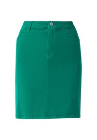 Jupe en denim vert avec une silhouette ajustée, dotée d'une fermeture à boutons à l'avant, de deux poches latérales et d'une texture lisse.