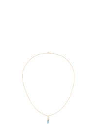 Guldtonet halskæde med en fin kæde og en enkel blå ædelsten vedhæng, der har en glat overflade og minimalistisk design.