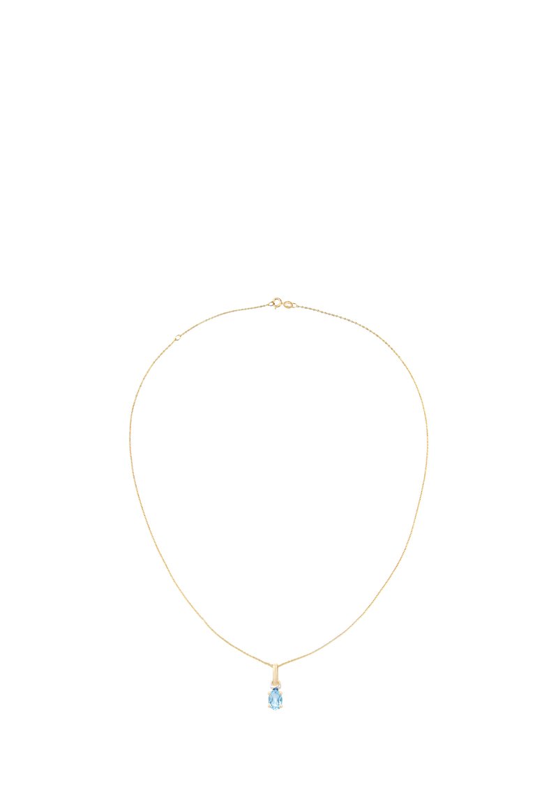 Guldtonet halskæde med en fin kæde og en enkel blå ædelsten vedhæng, der har en glat overflade og minimalistisk design.