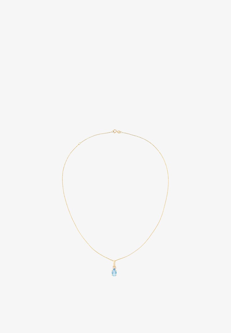 Gouden ketting met een fijne schakel en een enkele blauwe edelsteenhanger, met een gladde afwerking en een minimalistisch ontwerp.