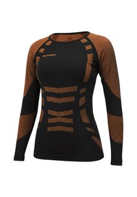Long-sleeve athletic top in black and orange. Features a fitted design, textured patterns, and contrasting accents on sleeves and body.