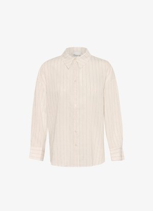Biela košeľa s gombíkmi, s vertikálnymi svetlošedými pruhmi, s dlhými rukávmi a špicatým golierom. Vyrobená z ľanu s textúrovaným povrchom.