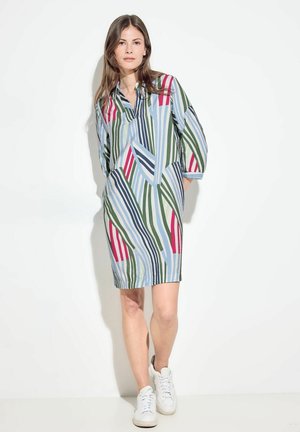 Short-sleeve shirt dress with a light blue base, featuring bold stripes in green, pink, and navy. Made from a lightweight fabric.