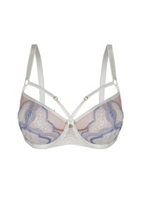 Koronkowy biustonosz z białym i jasnopomarańczowym tłem, ozdobiony niebieskimi falistymi wzorami, z regulowanymi ramiączkami i złotymi detalami.