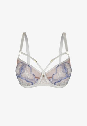 Koronkowy biustonosz z białym i jasnopomarańczowym tłem, ozdobiony niebieskimi falistymi wzorami, z regulowanymi ramiączkami i złotymi detalami.