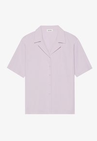 Short-sleeve lavender button-up shirt in lightweight fabric. Features a classic collar and a patch pocket on the left front.