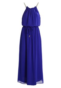Maxiklänning i kungligt blå, tillverkad av lättviktsstoff. Har elastisk band upptill, dragsko i midjan och tunna axelband med kedjedetaljer.