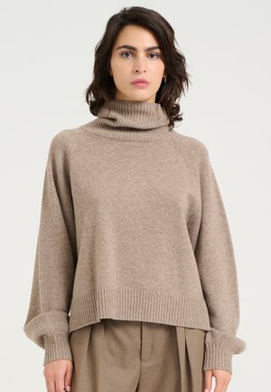 Turtleneck sweater in beige knit fabric, featuring a relaxed fit, ribbed cuffs, and hem. Soft texture with a minimalistic design.