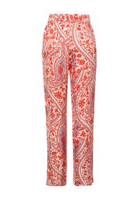 Rote und blaue Paisley-musterte Hosen mit einem elastischen Bund und geraden Beinen, aus einem leichten Stoff gefertigt.