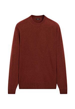 Burgunderfarbener Pullover aus weichem, strukturiertem Stoff mit rundem Halsausschnitt und langen Ärmeln. Mit gerippten Bündchen und Saum.