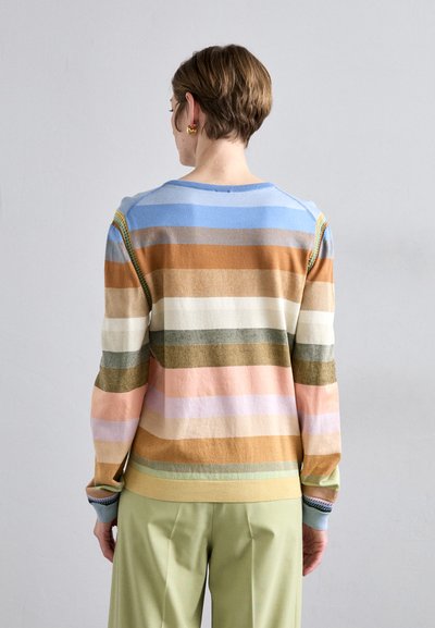Striped sweater in pastel colors, featuring horizontal stripes of blue, cream, green, and brown, with ribbed cuffs and neckline.