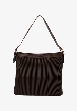 Barna bőr kézitáska függőleges redőkkel, állítható pánttal és cipzáras záródással. Simább felső panellel és aranyszínű fémalkatrészekkel rendelkezik.