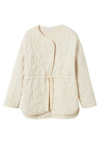 Veste matelassée couleur crème avec manches longues, col rond, devant ouvert et fermeture à nouer à la taille.